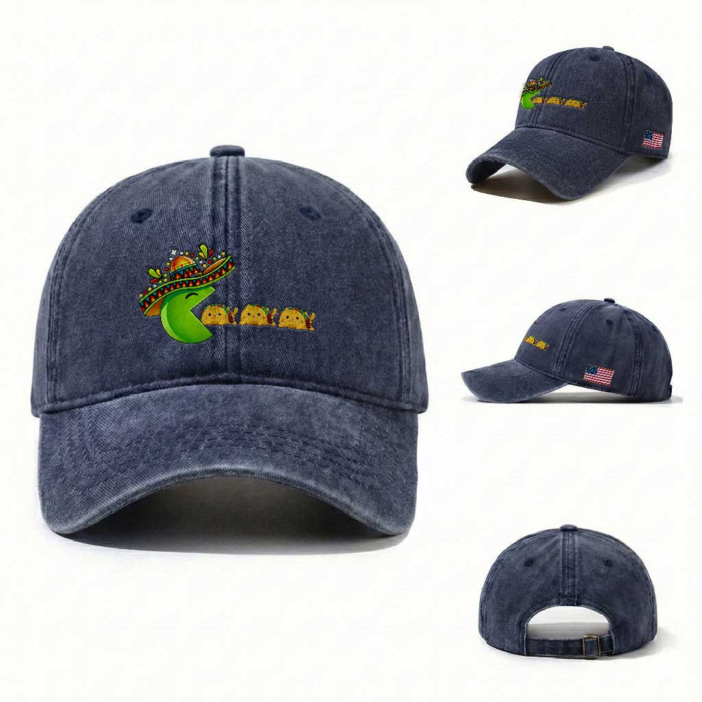 Cinco De Mayo Retro Game Washed Cotton Baseball Cap Funny Sombrero Character Chasing Taco Cat