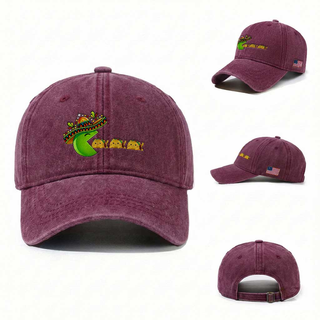 Cinco De Mayo Retro Game Washed Cotton Baseball Cap Funny Sombrero Character Chasing Taco Cat