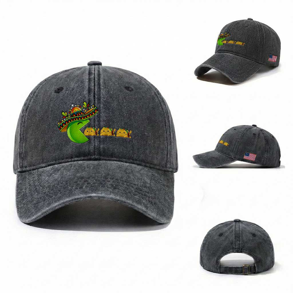 Cinco De Mayo Retro Game Washed Cotton Baseball Cap Funny Sombrero Character Chasing Taco Cat
