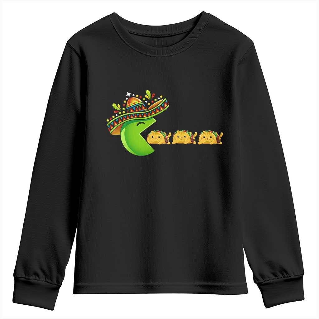 Cinco De Mayo Retro Game Youth Sweatshirt Funny Sombrero Character Chasing Taco Cat