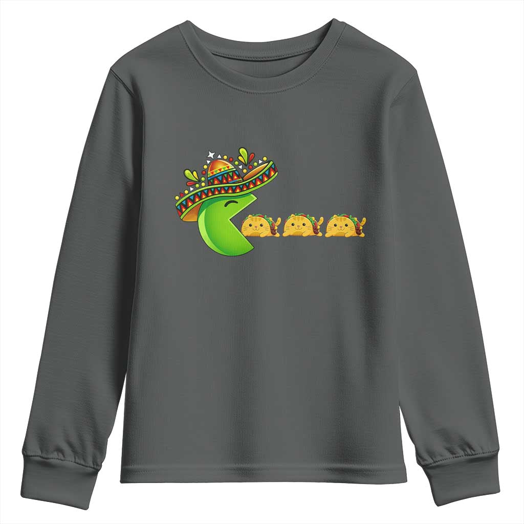 Cinco De Mayo Retro Game Youth Sweatshirt Funny Sombrero Character Chasing Taco Cat