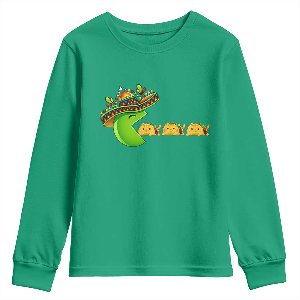 Cinco De Mayo Retro Game Youth Sweatshirt Funny Sombrero Character Chasing Taco Cat