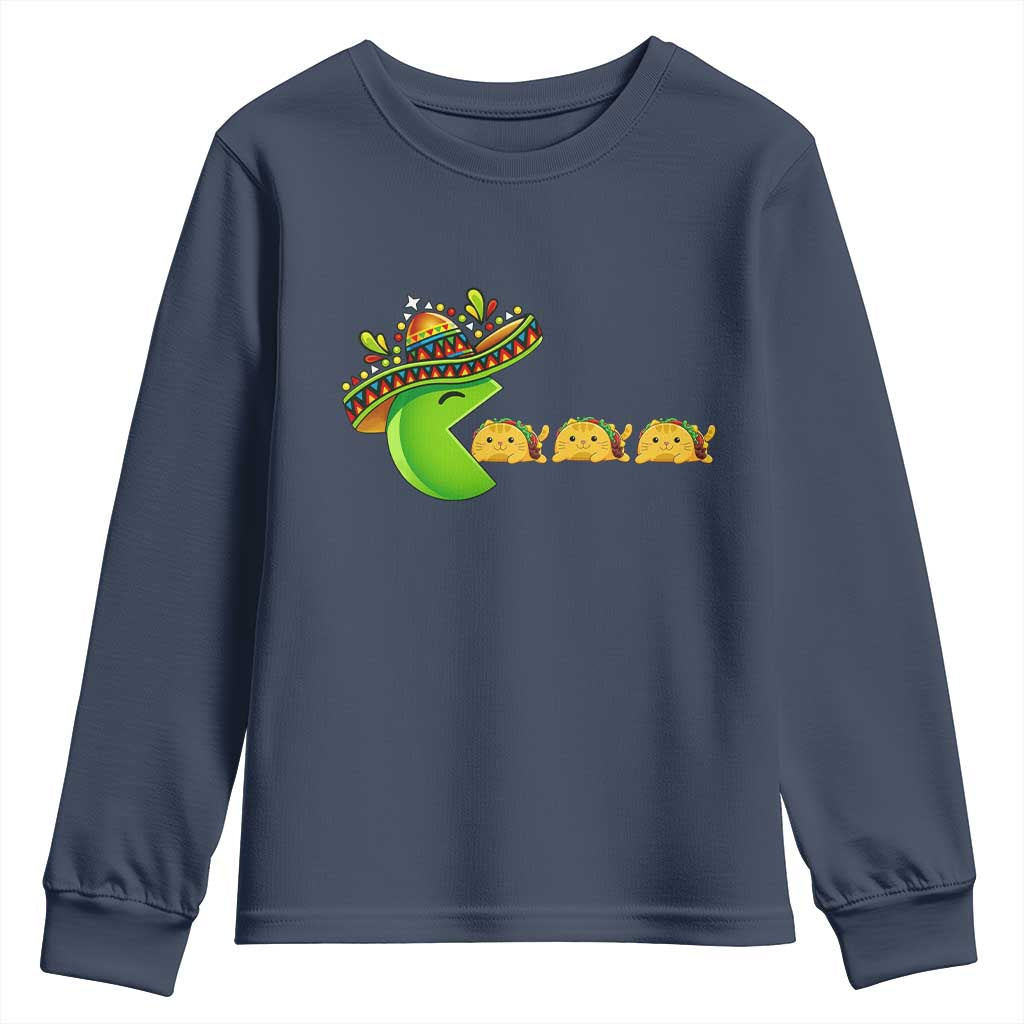 Cinco De Mayo Retro Game Youth Sweatshirt Funny Sombrero Character Chasing Taco Cat