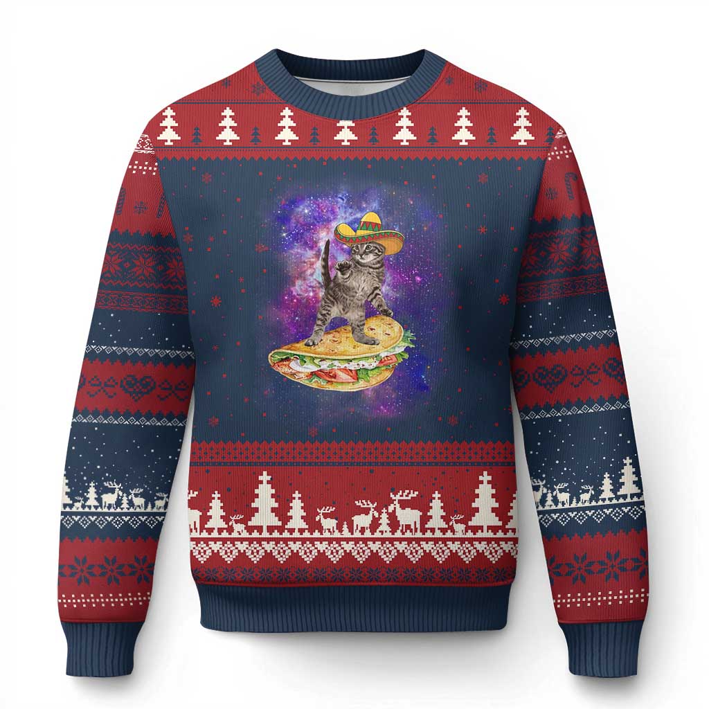 Funny Cinco De Mayo Cat Ugly Christmas Sweater Astronaut Kitten Flying A Taco