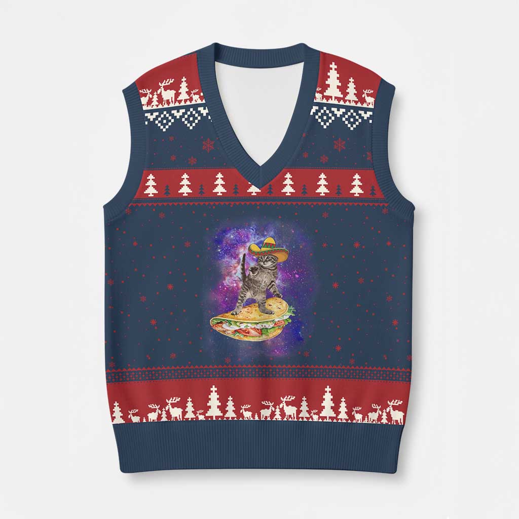 Funny Cinco De Mayo Cat V-Neck Knit Sweater Vest Astronaut Kitten Flying A Taco