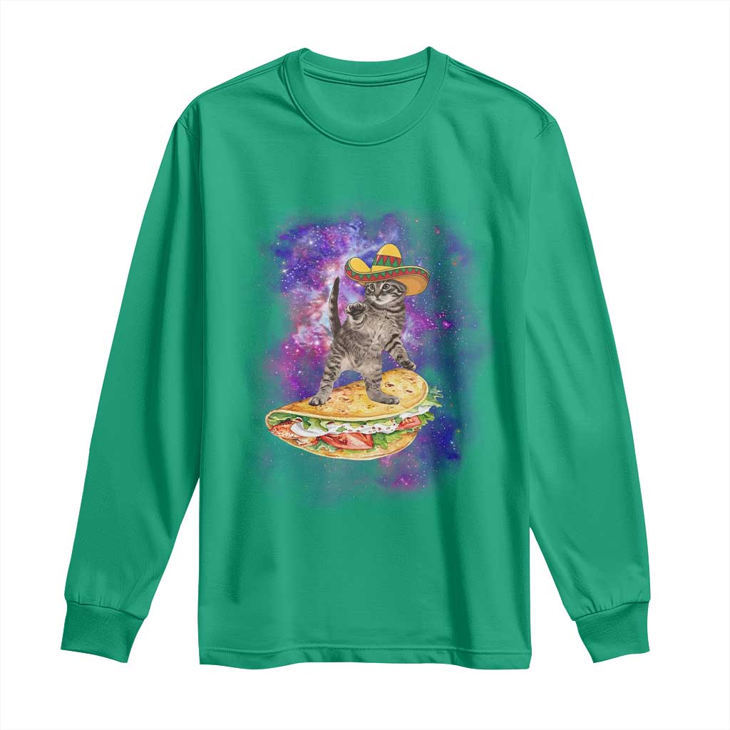 Funny Cinco De Mayo Cat Long Sleeve Shirt Astronaut Kitten Flying A Taco