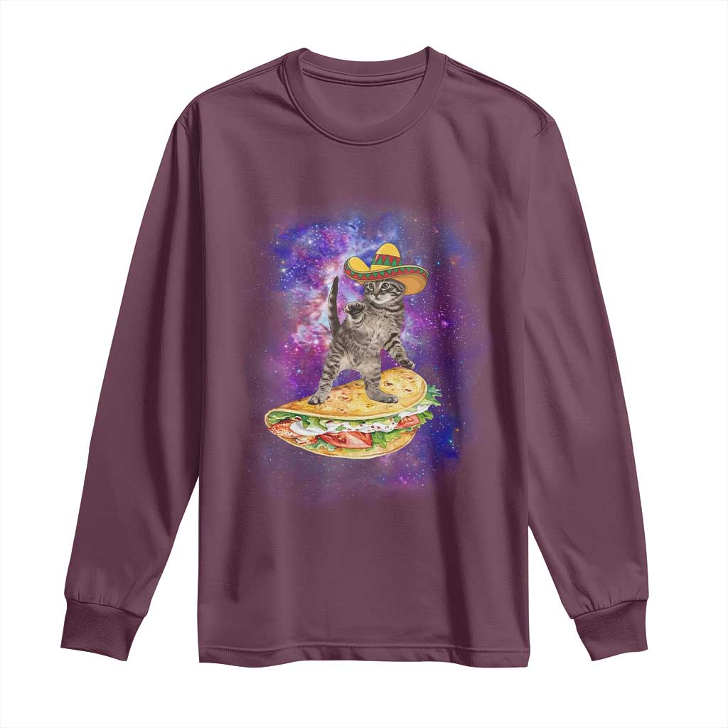 Funny Cinco De Mayo Cat Long Sleeve Shirt Astronaut Kitten Flying A Taco