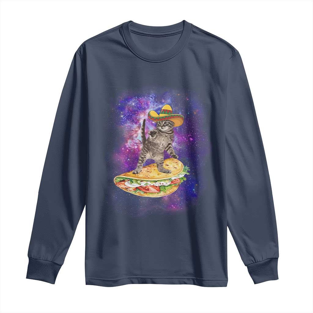 Funny Cinco De Mayo Cat Long Sleeve Shirt Astronaut Kitten Flying A Taco