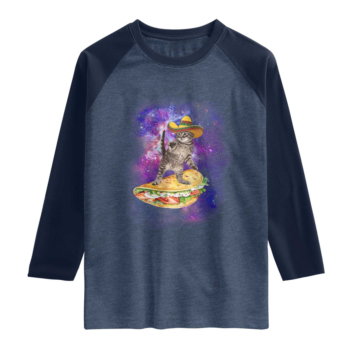 Funny Cinco De Mayo Cat Raglan Shirt Astronaut Kitten Flying A Taco