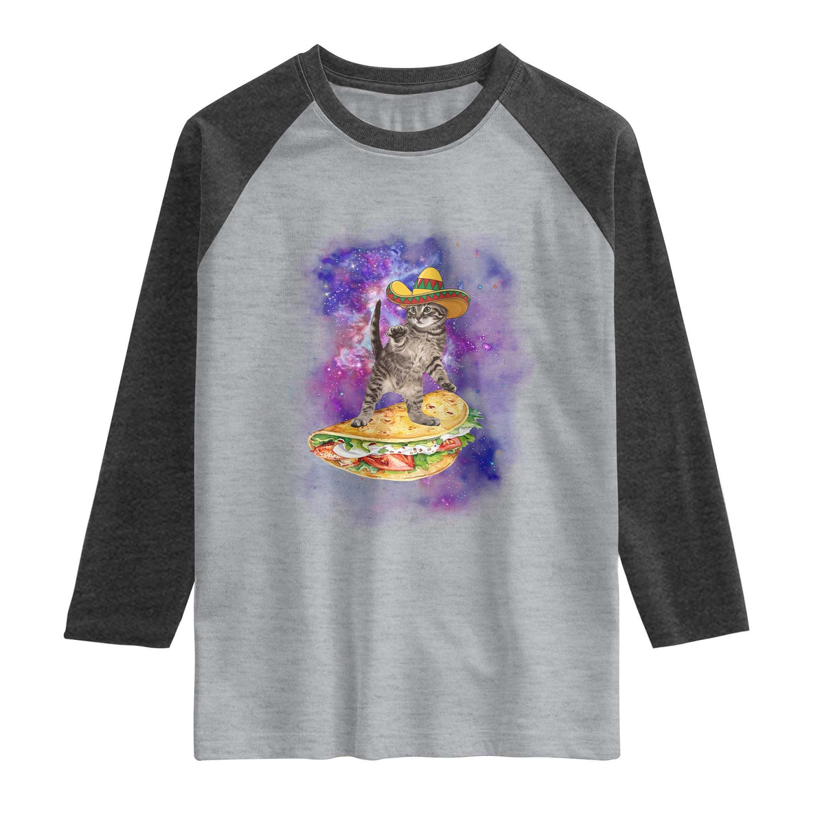 Funny Cinco De Mayo Cat Raglan Shirt Astronaut Kitten Flying A Taco