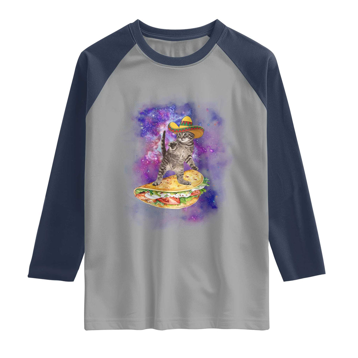 Funny Cinco De Mayo Cat Raglan Shirt Astronaut Kitten Flying A Taco