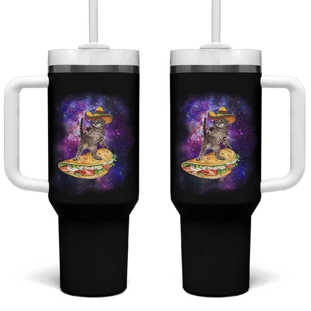 Funny Cinco De Mayo Cat Tumbler With Handle Astronaut Kitten Flying A Taco