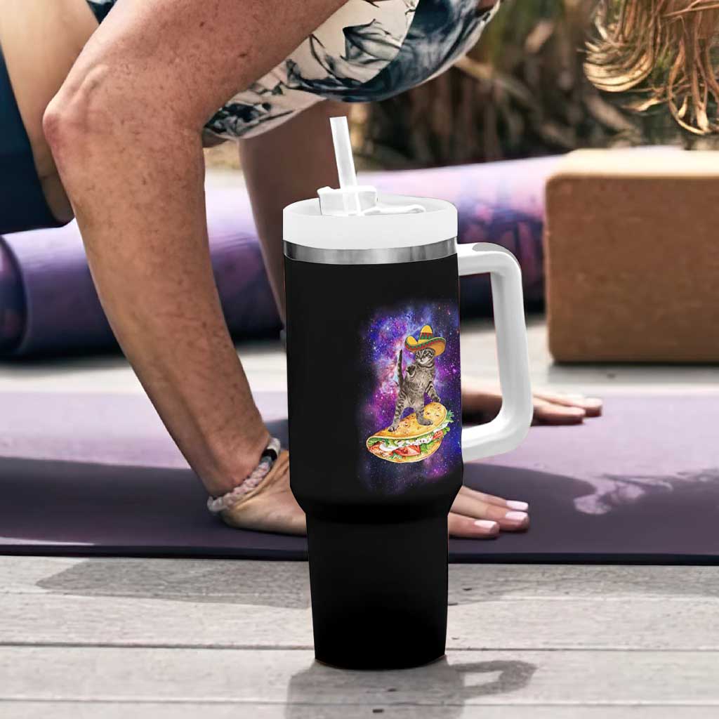 Funny Cinco De Mayo Cat Tumbler With Handle Astronaut Kitten Flying A Taco