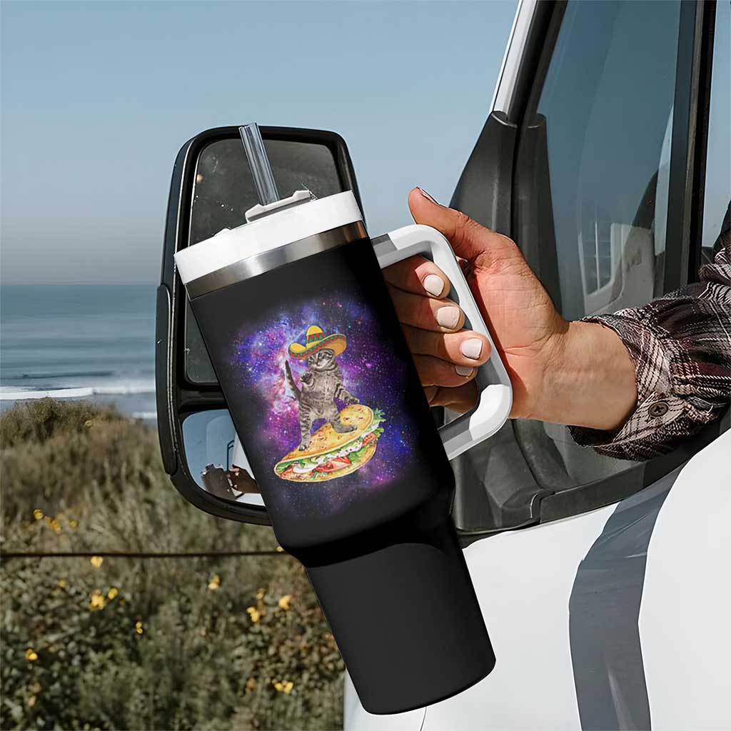 Funny Cinco De Mayo Cat Tumbler With Handle Astronaut Kitten Flying A Taco