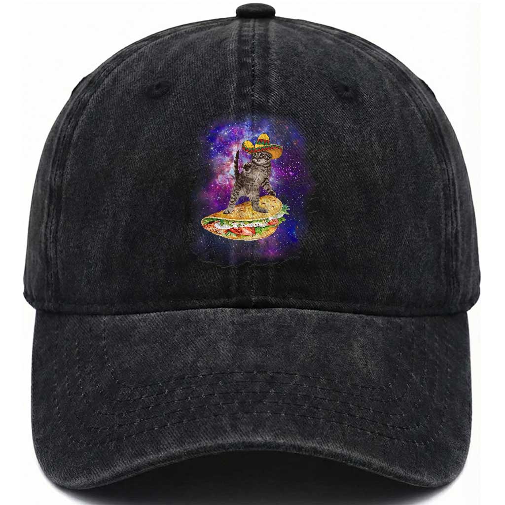 Funny Cinco De Mayo Cat Washed Cotton Baseball Cap Astronaut Kitten Flying A Taco