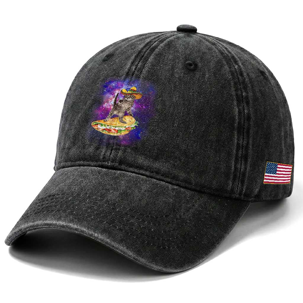 Funny Cinco De Mayo Cat Washed Cotton Baseball Cap Astronaut Kitten Flying A Taco