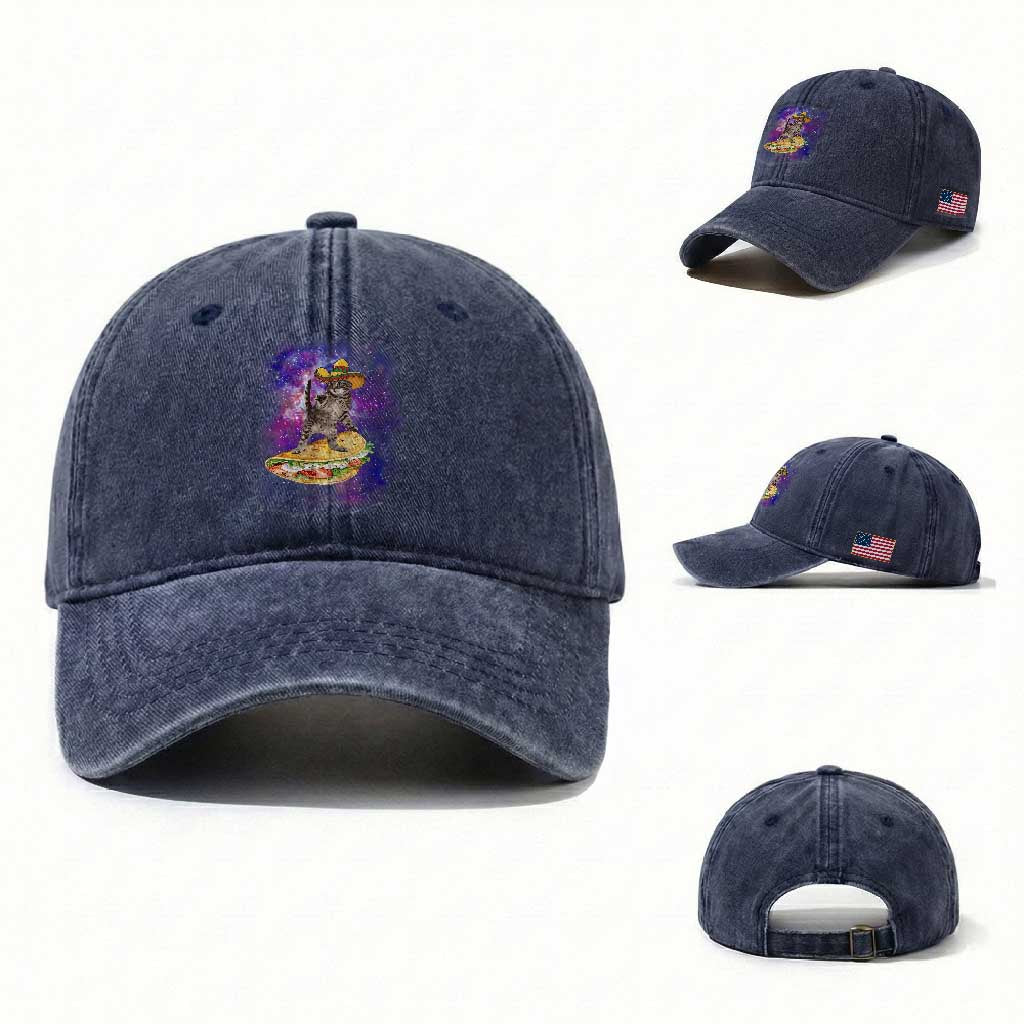 Funny Cinco De Mayo Cat Washed Cotton Baseball Cap Astronaut Kitten Flying A Taco