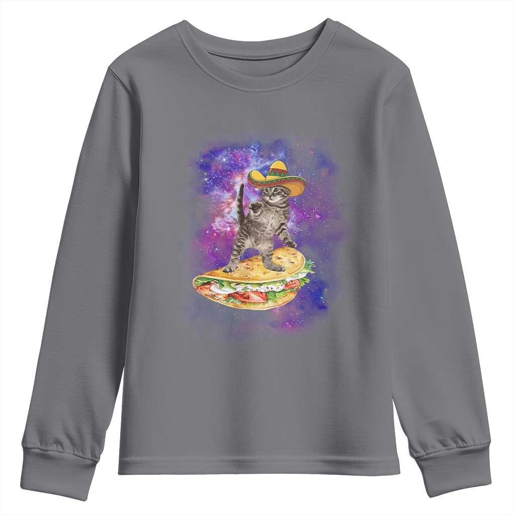 Funny Cinco De Mayo Cat Youth Sweatshirt Astronaut Kitten Flying A Taco