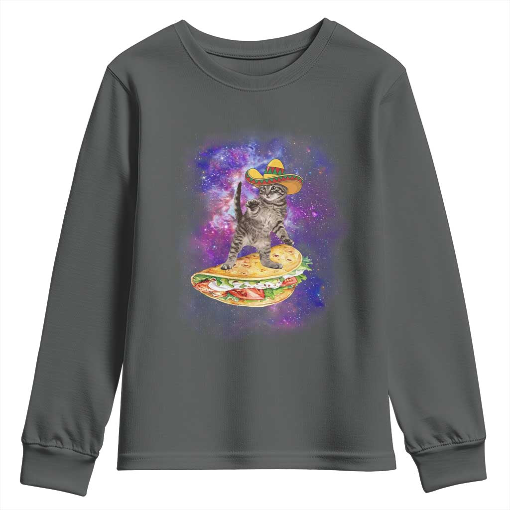 Funny Cinco De Mayo Cat Youth Sweatshirt Astronaut Kitten Flying A Taco