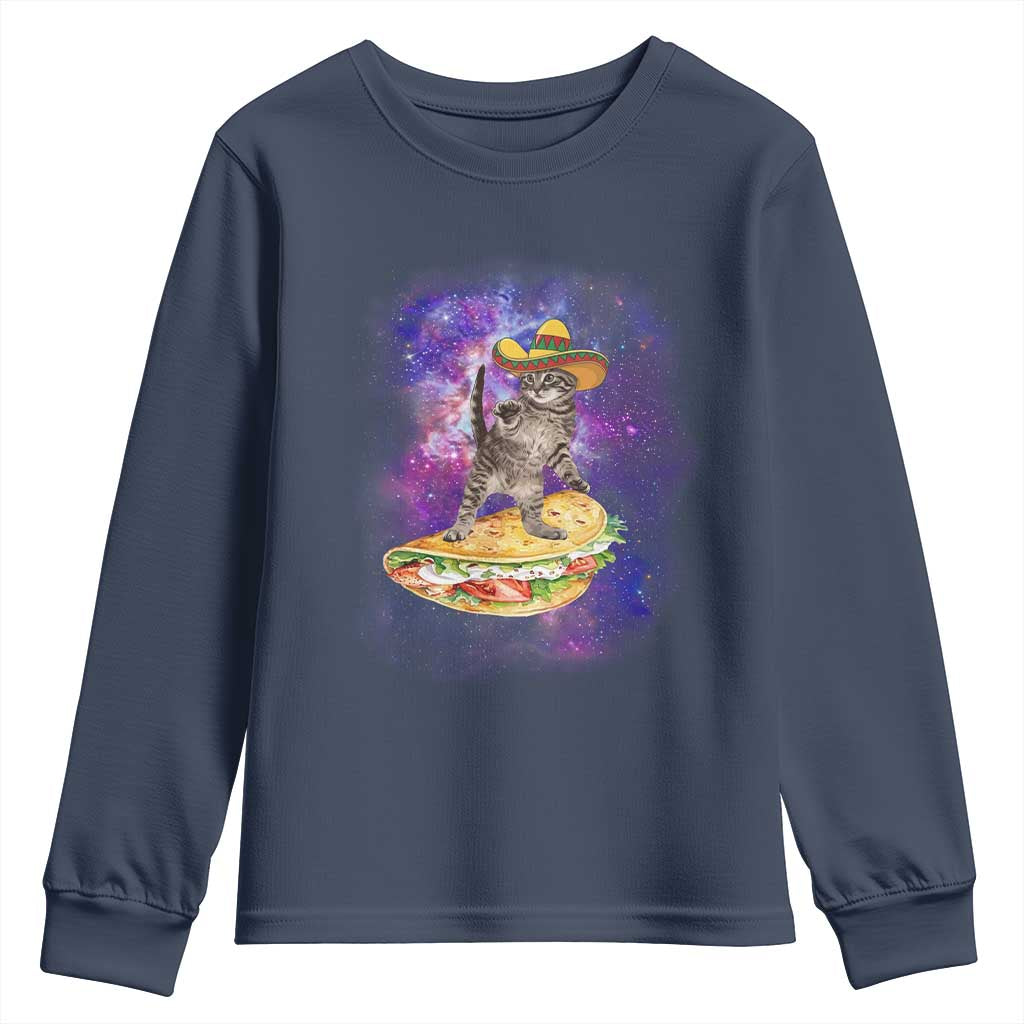 Funny Cinco De Mayo Cat Youth Sweatshirt Astronaut Kitten Flying A Taco