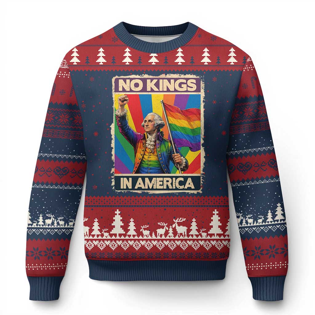 Funny Patriotic LGBT Graphic Ugly Christmas Sweater No Kings In America