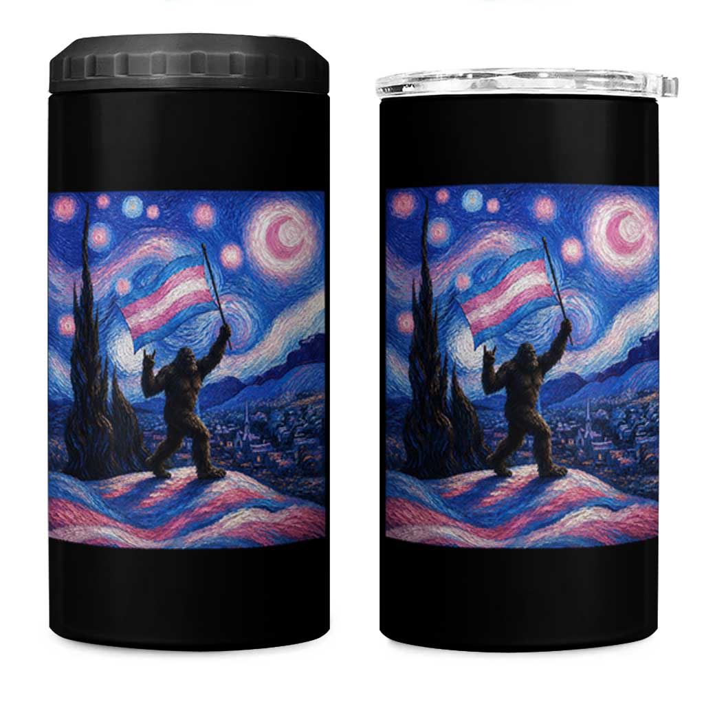 Bigfoot Starry Night Trans Rights 4 in 1 Can Cooler Tumbler Sasquatch LGBTQ Pride