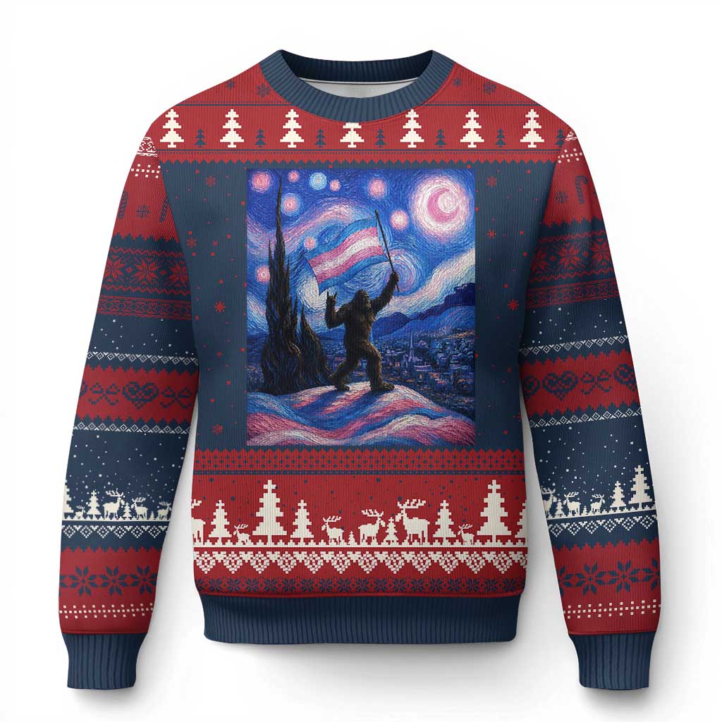 Bigfoot Starry Night Trans Rights Ugly Christmas Sweater Sasquatch LGBTQ Pride