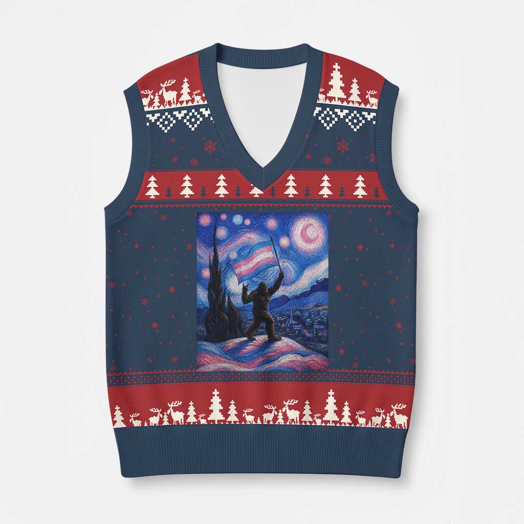 Bigfoot Starry Night Trans Rights V-Neck Knit Sweater Vest Sasquatch LGBTQ Pride