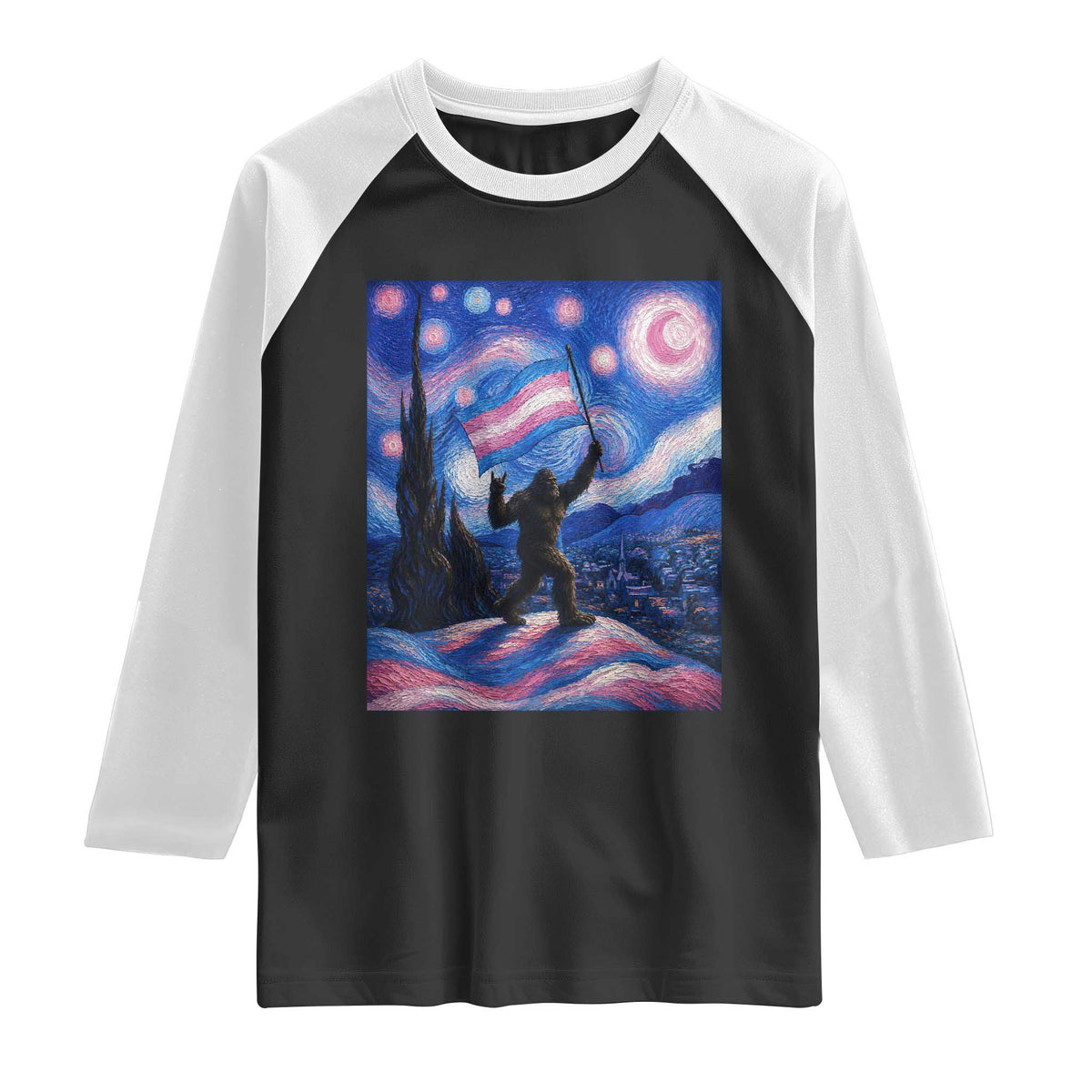 Bigfoot Starry Night Trans Rights Raglan Shirt Sasquatch LGBTQ Pride