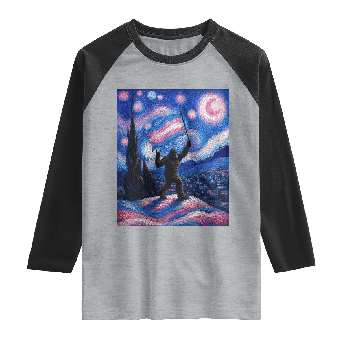 Bigfoot Starry Night Trans Rights Raglan Shirt Sasquatch LGBTQ Pride
