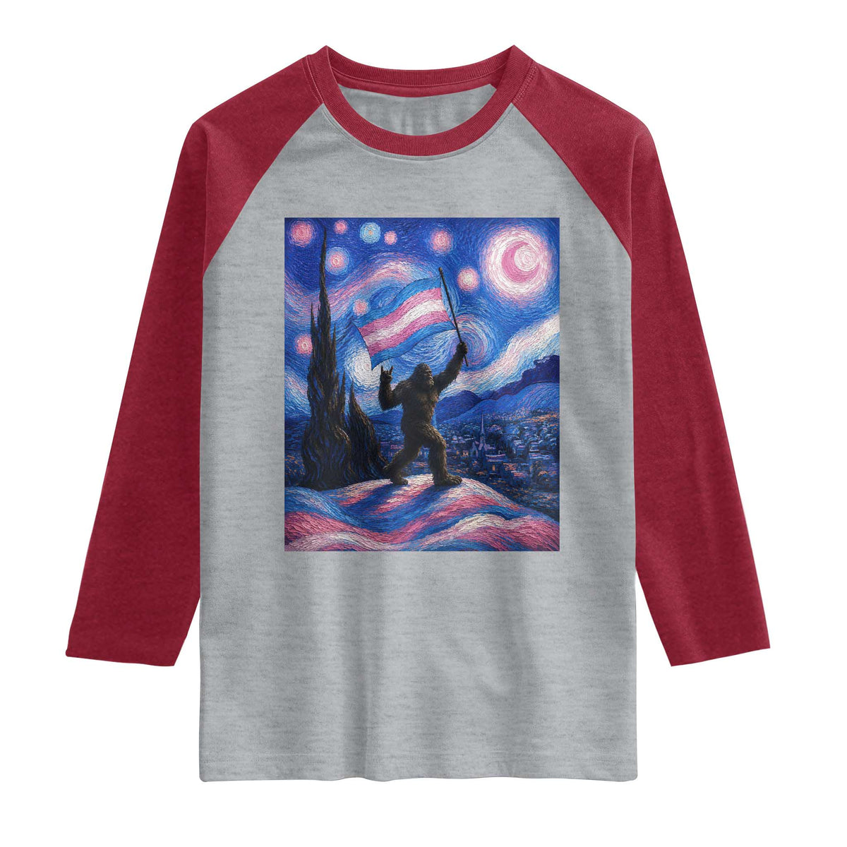 Bigfoot Starry Night Trans Rights Raglan Shirt Sasquatch LGBTQ Pride
