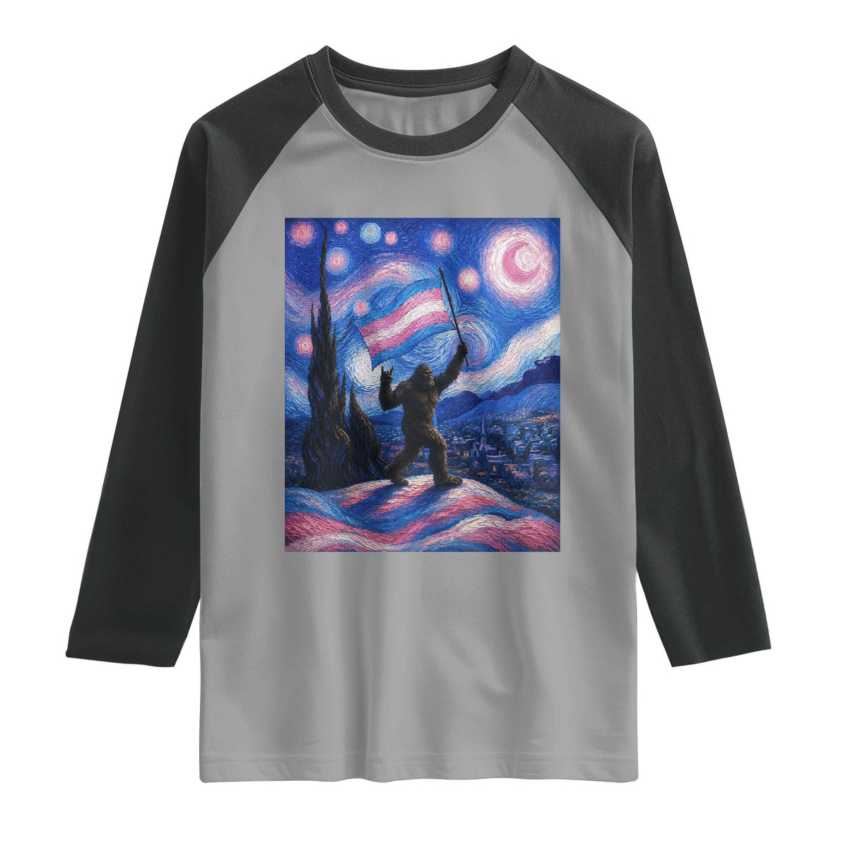 Bigfoot Starry Night Trans Rights Raglan Shirt Sasquatch LGBTQ Pride