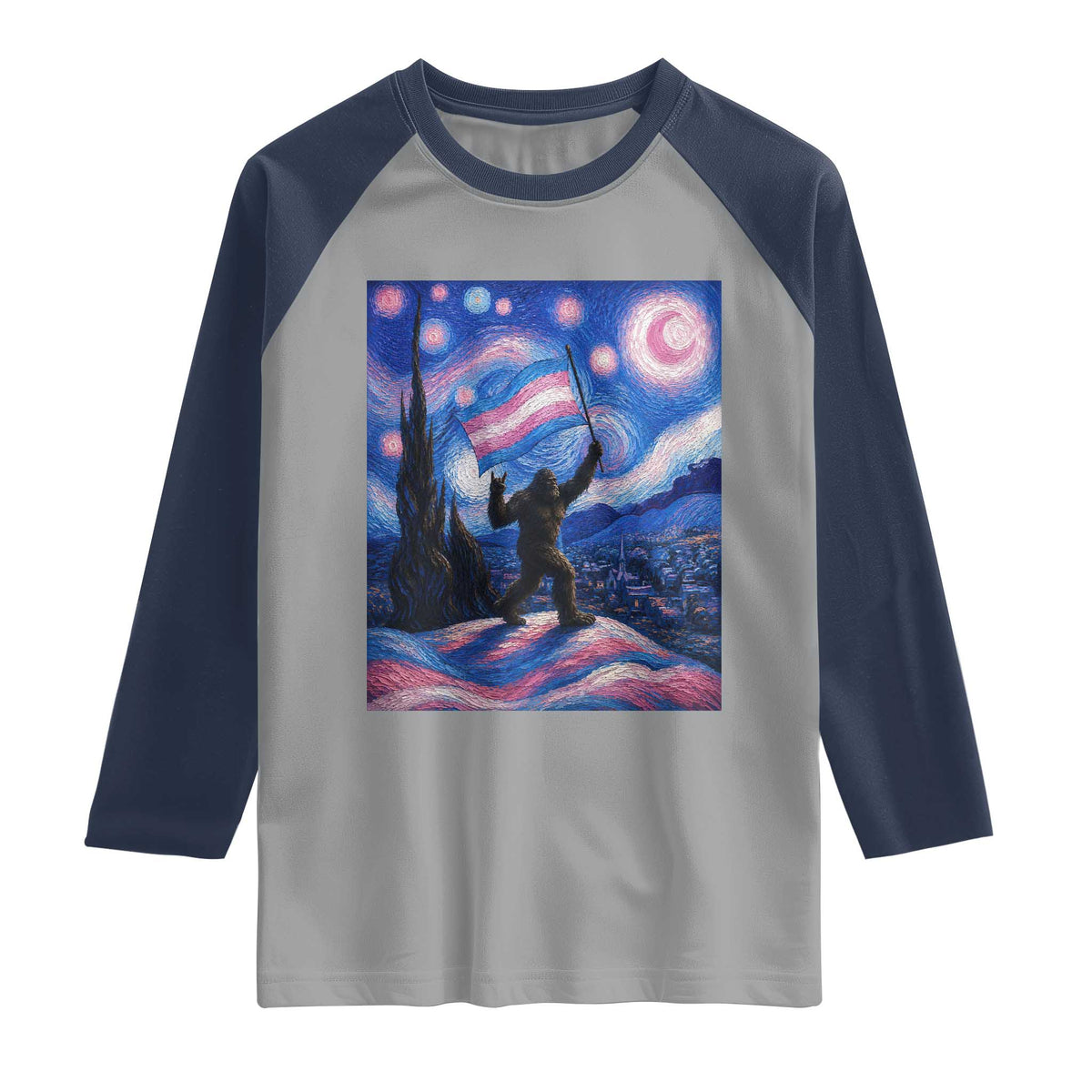 Bigfoot Starry Night Trans Rights Raglan Shirt Sasquatch LGBTQ Pride