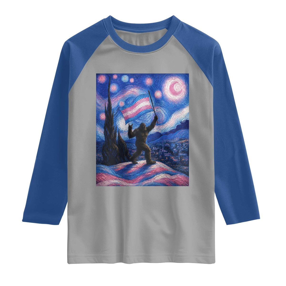 Bigfoot Starry Night Trans Rights Raglan Shirt Sasquatch LGBTQ Pride