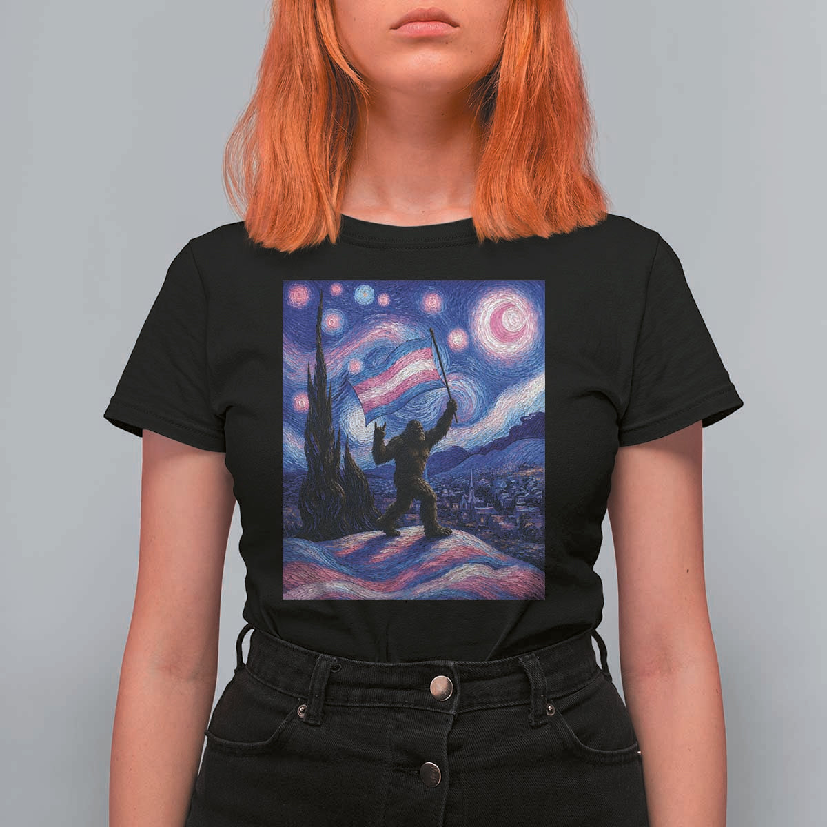 Bigfoot Starry Night Trans Rights T Shirt For Women Sasquatch LGBTQ Pride