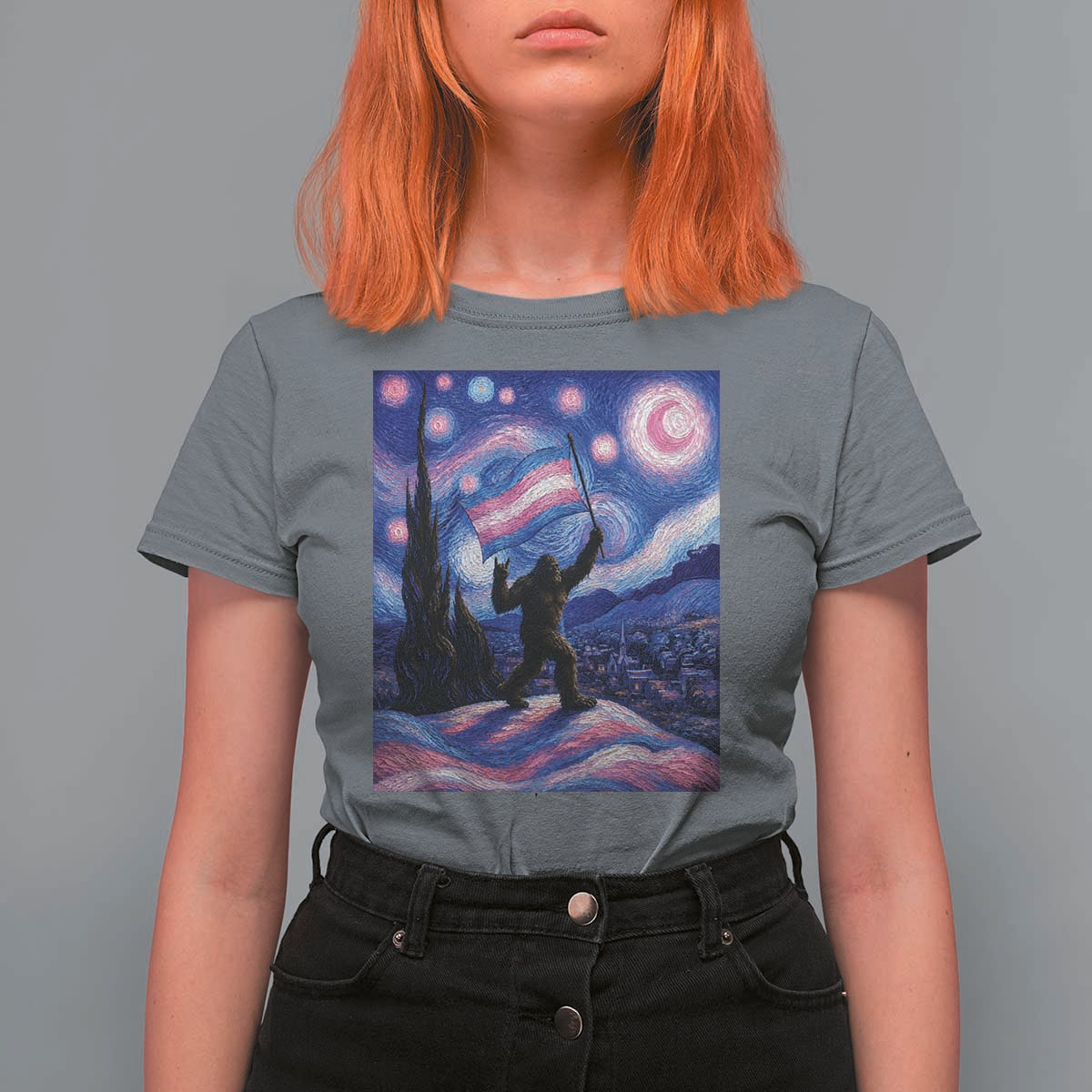Bigfoot Starry Night Trans Rights T Shirt For Women Sasquatch LGBTQ Pride