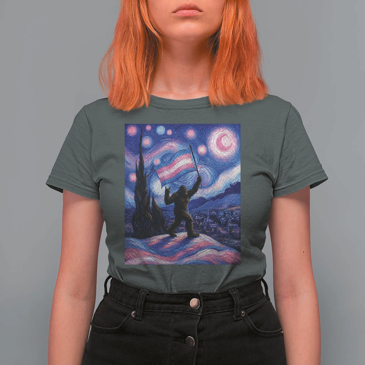 Bigfoot Starry Night Trans Rights T Shirt For Women Sasquatch LGBTQ Pride