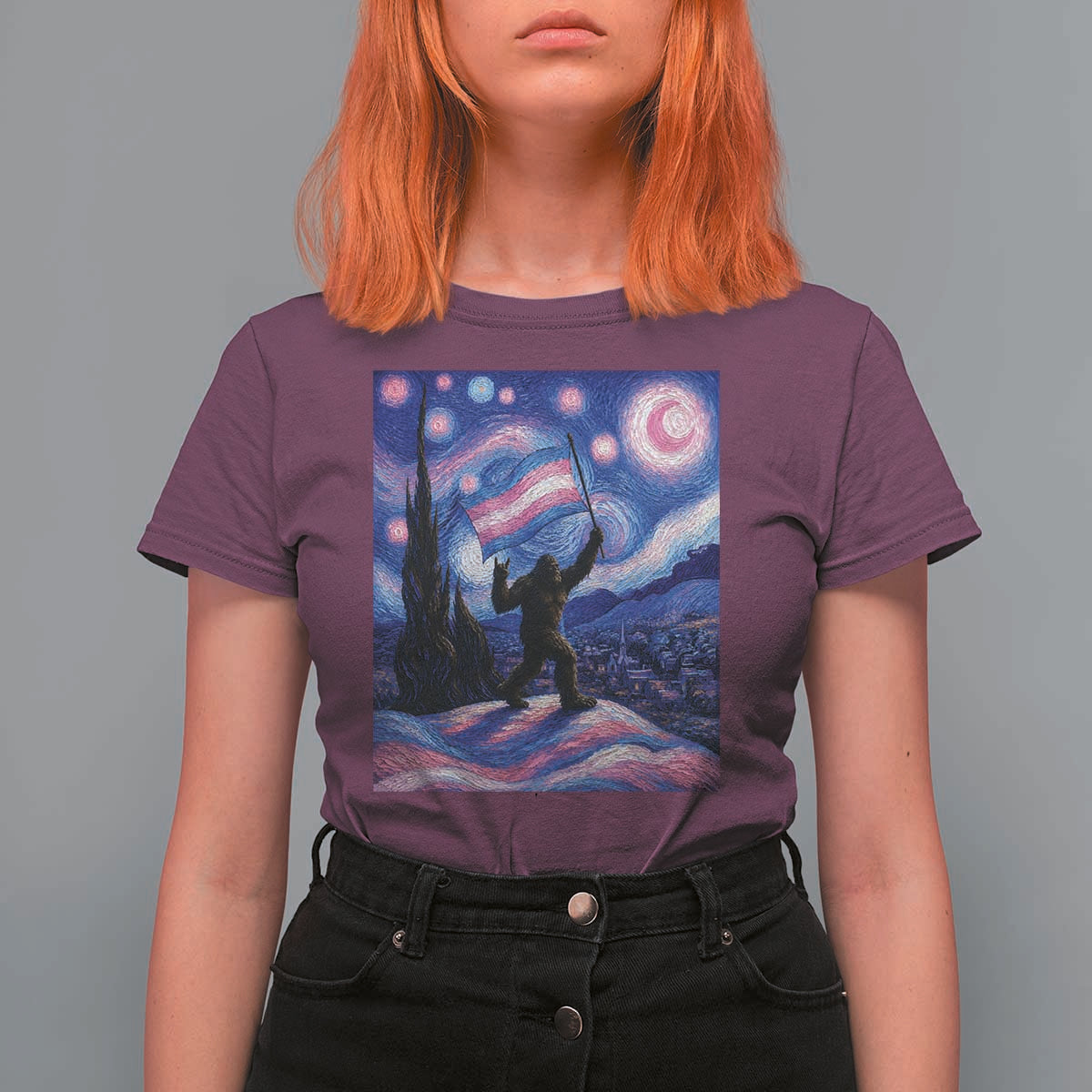 Bigfoot Starry Night Trans Rights T Shirt For Women Sasquatch LGBTQ Pride