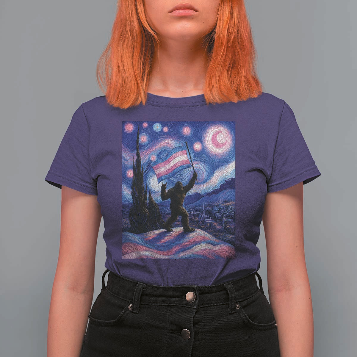 Bigfoot Starry Night Trans Rights T Shirt For Women Sasquatch LGBTQ Pride