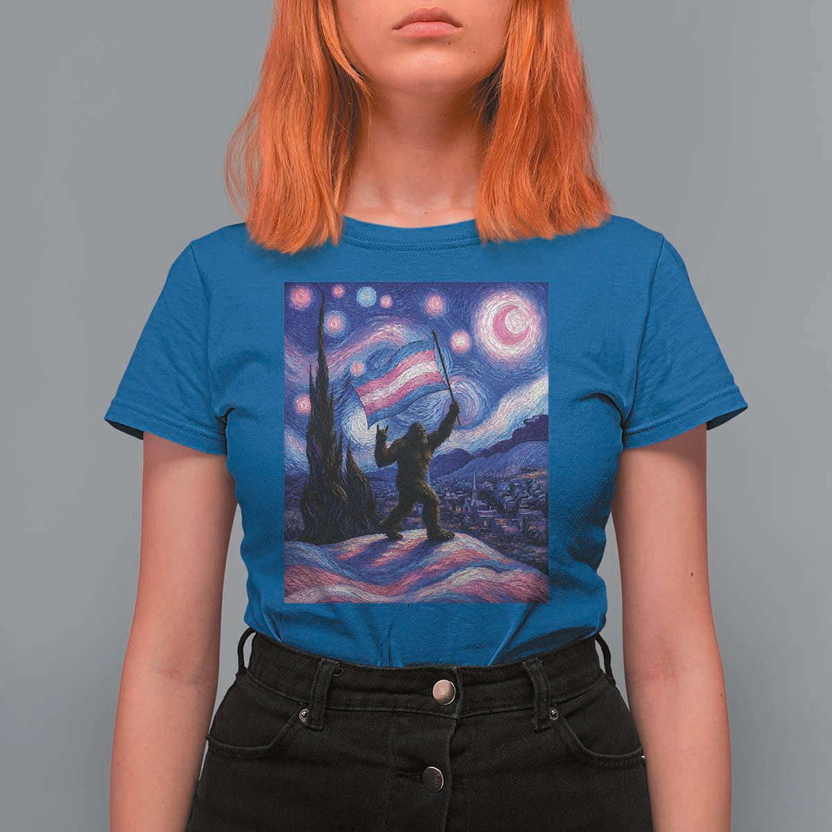 Bigfoot Starry Night Trans Rights T Shirt For Women Sasquatch LGBTQ Pride