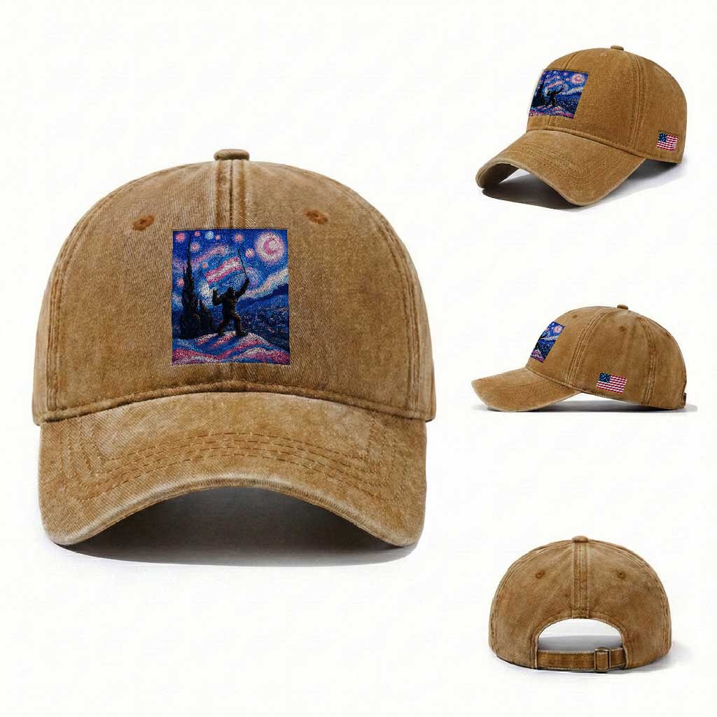 Bigfoot Starry Night Trans Rights Washed Cotton Baseball Cap Sasquatch LGBTQ Pride