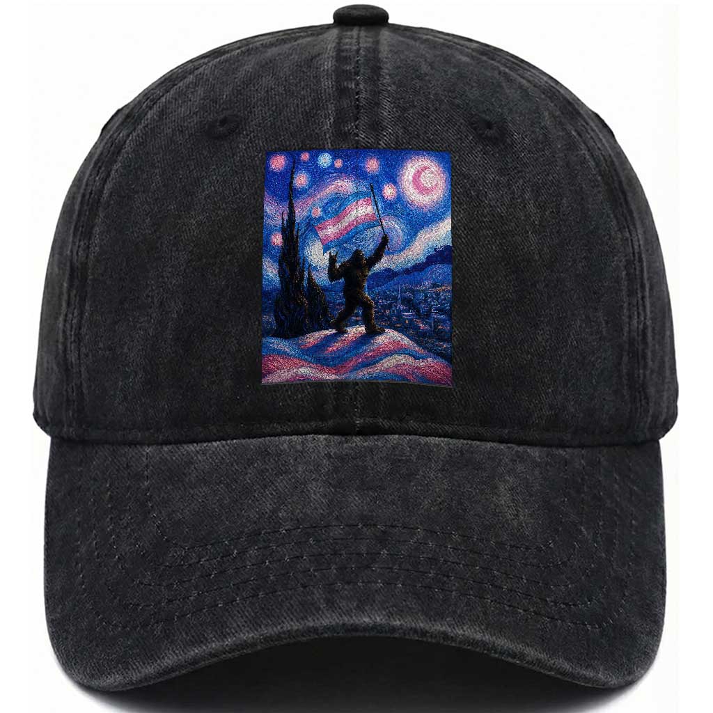 Bigfoot Starry Night Trans Rights Washed Cotton Baseball Cap Sasquatch LGBTQ Pride