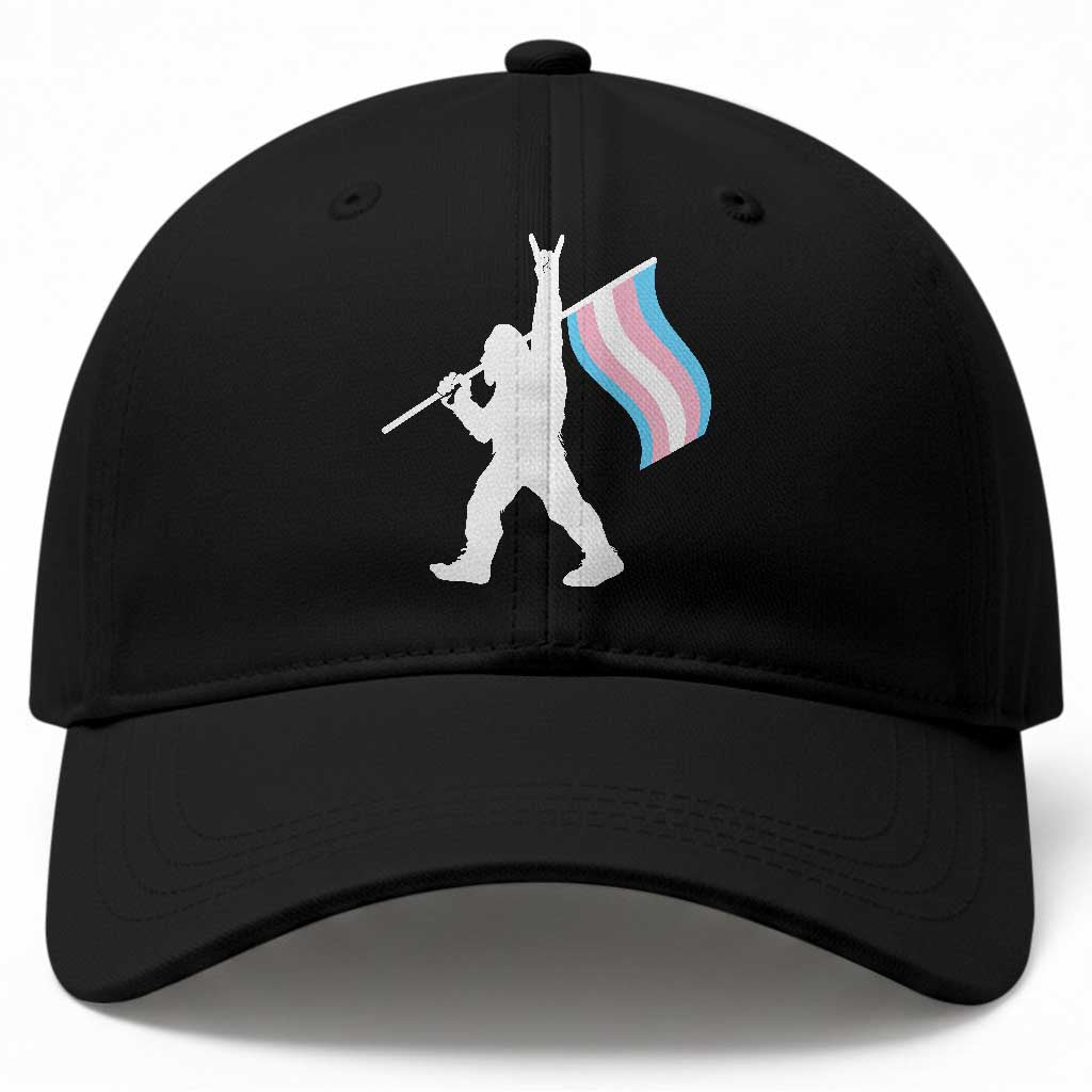 Bigfoot Rock On Trans Pride Flag Baseball Cap Sasquatch LGBTQ Ally