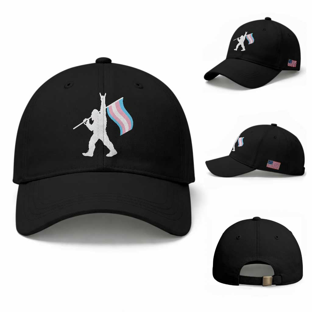Bigfoot Rock On Trans Pride Flag Baseball Cap Sasquatch LGBTQ Ally