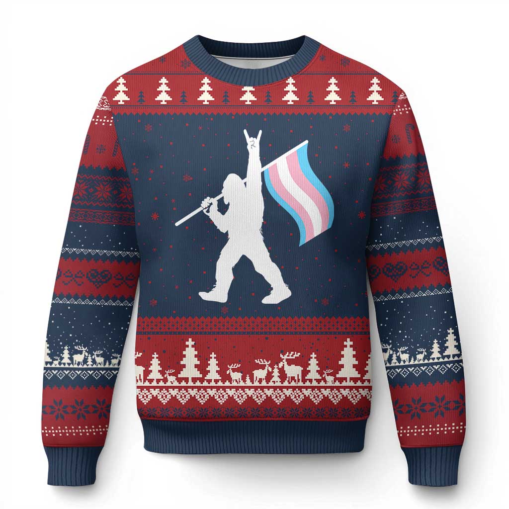 Bigfoot Rock On Trans Pride Flag Ugly Christmas Sweater Sasquatch LGBTQ Ally