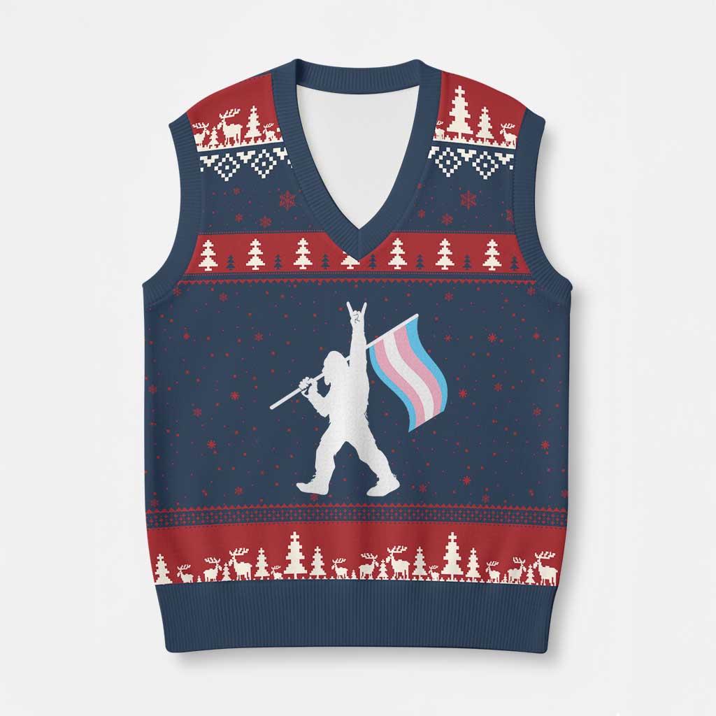 Bigfoot Rock On Trans Pride Flag V-Neck Knit Sweater Vest Sasquatch LGBTQ Ally