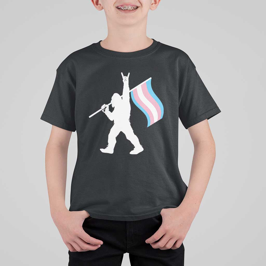 Bigfoot Rock On Trans Pride Flag T Shirt For Kid Sasquatch LGBTQ Ally