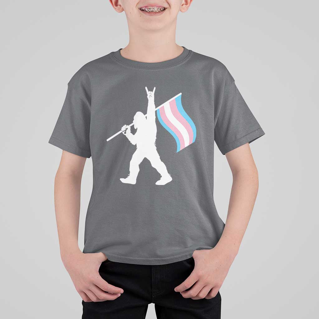 Bigfoot Rock On Trans Pride Flag T Shirt For Kid Sasquatch LGBTQ Ally