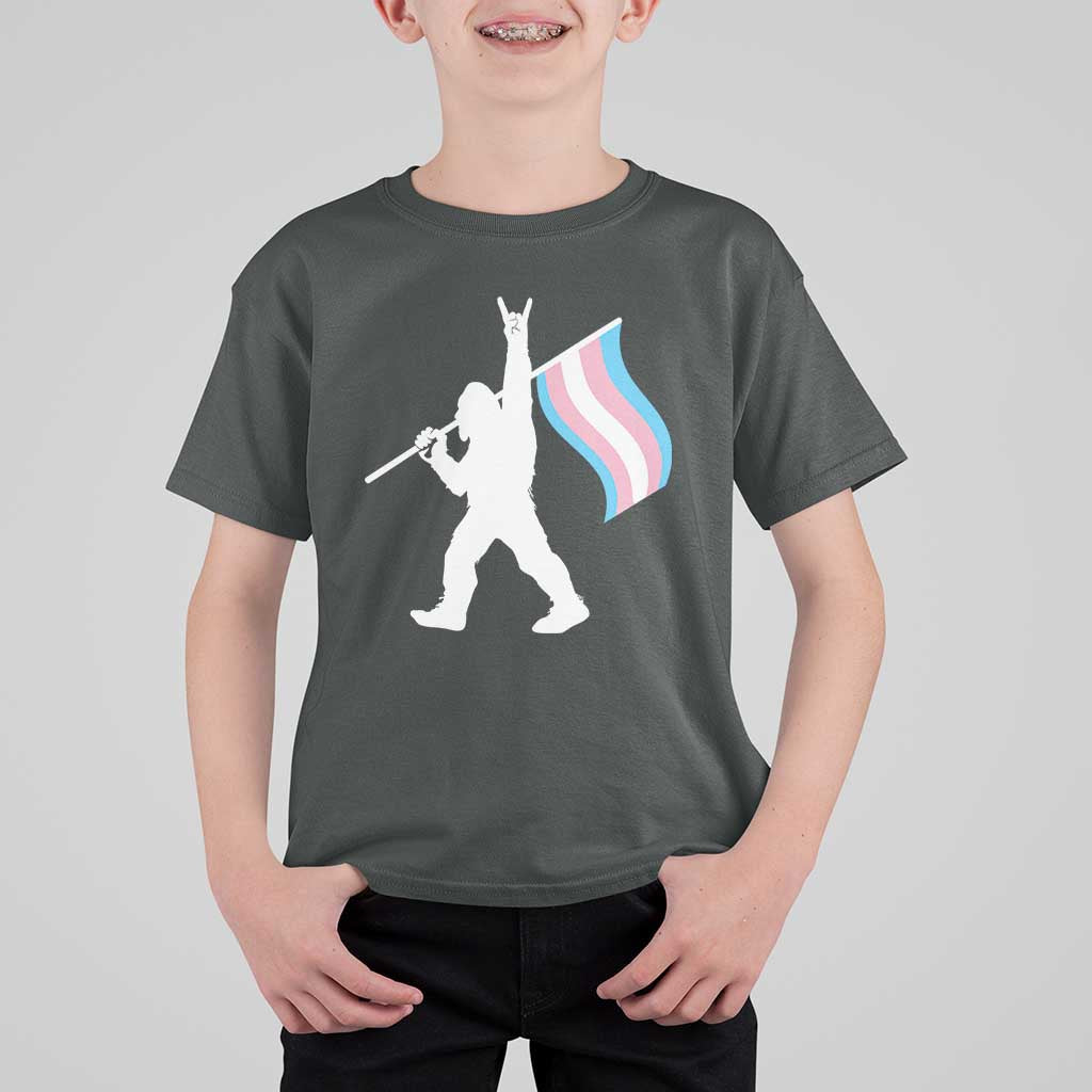 Bigfoot Rock On Trans Pride Flag T Shirt For Kid Sasquatch LGBTQ Ally