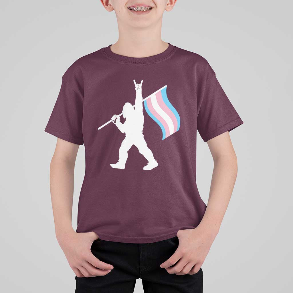 Bigfoot Rock On Trans Pride Flag T Shirt For Kid Sasquatch LGBTQ Ally